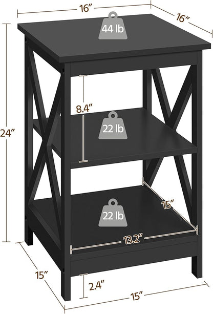 Yaheetech Black End Table Set of 2, 16x16x24 in Sturdy 3-Tier Side Tables with Storage Shelf & Solid Wood Legs, 2Pcs X-Design Modern Sofa Side Table for Living Room Office, Easy Assembly