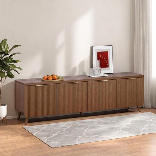 TV Stand for Living Room, Fluted Television Cabinet with 4 Stripe Doors, Modern Entertainment Center for 55/60/65 inch TV, Media Console with Wooden Legs & Metal Handles, Walnut