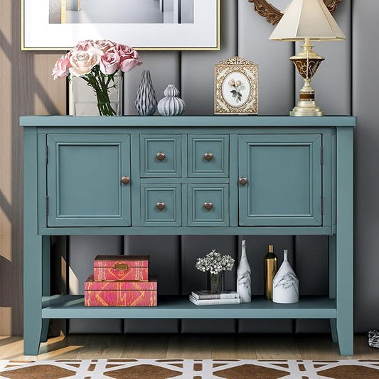 Merax Wood Farmhouse Buffet Table with Storage Shelf, 2 Drawers and Cabinets Buffet Coffee Bar Cabinet for Living Room Dinning Room Kitchen (Dark Blue)
