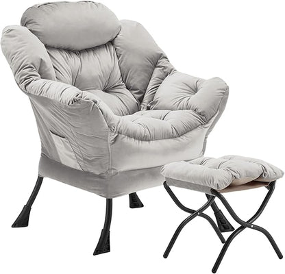 Lazy Chair with Folding Ottoman, Accent Chair Velvet Upholstered with Metal Structure and Non-Slip Pads, Sofa Armchair with Footrest and Side Storage Bag for Dorm, Room, Office, Light Gray