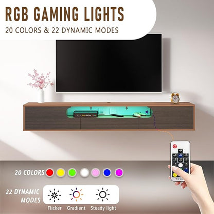 Pmnianhua Floating TV Stand with LED Lights,63'' Wall Mounted TV Cabinet Floating Under TV Shelf Media Console Entertainment Center with Storage Living Room Playroom Bedroom(Walnut)