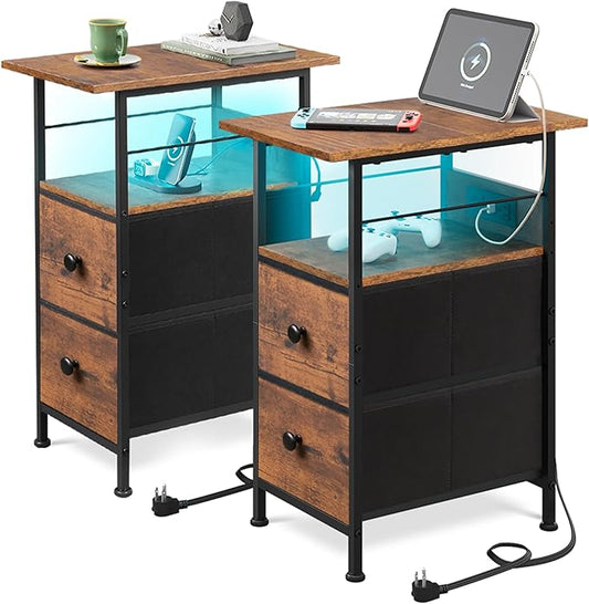 WLIVE Nightstand Set of 2 with Charging Station, End Table Sets with LED Lights, 2 Fabric Drawers and Open Shelf, Bed Side Tables Living Room, Small Space, Night Stand for Bedroom, Rustic Brown