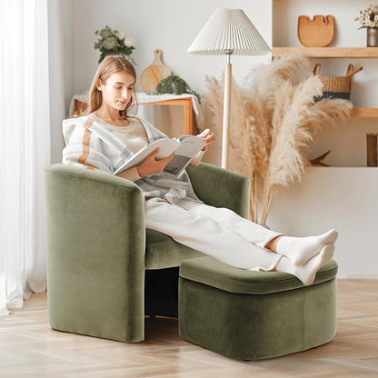 COLAMY Upholstered Velvet Barrel Accent Chair with Storage Ottoman, Morden Living Room Chair with Lounge Seat for Bedroom/Reading Spaces, Green