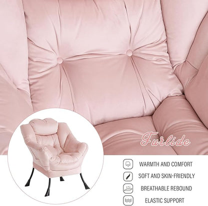 Lazy Chair with Ottoman, Modern Chair with Folding Footrest, Lounge Accent Chair, Comfortable Reading Chair, Oversized Armchairs for Bedroom, Study, Living Room, Courtyard (Pink)