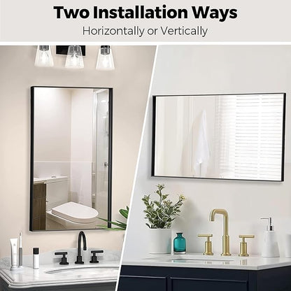 24x40 Inch Black Bathroom Mirror for Wall, Aluminum Frame Rectangle Rectangular Vanity Mirror, Modern Large for Bedroom, Living Room, Horizontal or Vertical