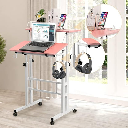 Hadulcet Mobile Standing Desk with Charging Station, Adjustable Standing Computer Desk, Standing Adjustable Laptop Cart with Wheels for Home Office Classroom, Pink