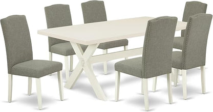 East West Furniture X027EN206-7 7 Piece Dining Room Furniture Set Consist of a Rectangle Dining Table with X-Legs and 6 Dark Shitake Linen Fabric Parsons Chairs, 40x72 Inch, Multi-Color