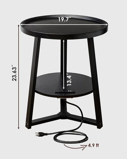 Round End Table with Charging Station, 19.7" Dia x 23.63" H, Side Table with Storage Shelf, Accent Table, for Living Room, Bedroom, Small Spaces, Metal Frame, Industrial Style (Black)