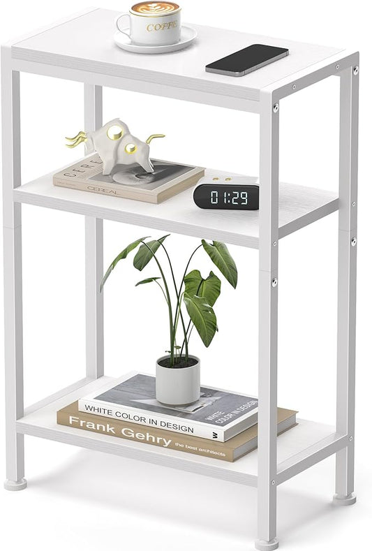 Narrow Side Table for Small Space, 3-Tier Small End Table with Shelf Holder, Slim Nightstand, Skinny Snack Couch Table in Living Room, Bedroom, Study, Kitchen and Balcony (White)