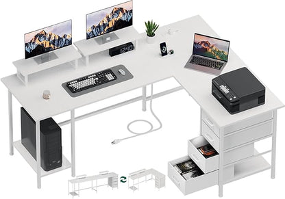 59 inch L Shaped Computer Desk with Power Outlets, Home Office Desk with 4 Adjustable Storage Drawers & 2 Monitor Stands, Two Person Gaming Table for Bedroom, White