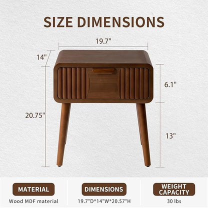 COSIEST Mid Century Modern Nightstand, MCM Vintage Bedside Table with Storage Drawer, Wood End Table for Bedroom, Living Room (Brown, Striped Pattern)