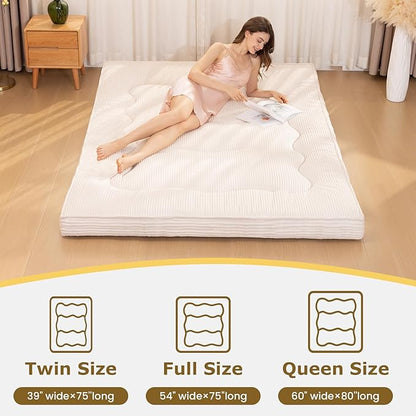Japanese Floor Mattress, 4" Thicken Futon Mattress Full Size Sleeping Pad, Corduroy Foldable Floor Pad, Roll Up Tatami Mat for Adults Guest Room Bedroom, Beige