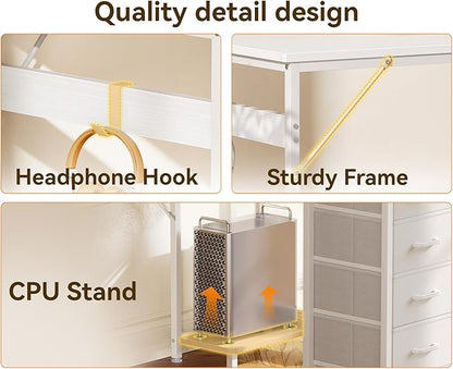Casaottima L Shaped Desk with 4 Drawers, 47" White Computer Desk with Storage, Reversible Kids Study Table with CPU Stand & Hook, Corner Work Table for Home Office
