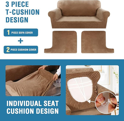 H.VERSAILTEX Sofa Cover 3 Piece T Cushion Loveseat Slipcovers Thick Velvet Couch Cover Furniture Protector Stretch T Cushion Sofa Covers for 2 Cushion Couch with 2 Individual T Cushion Covers, Camel