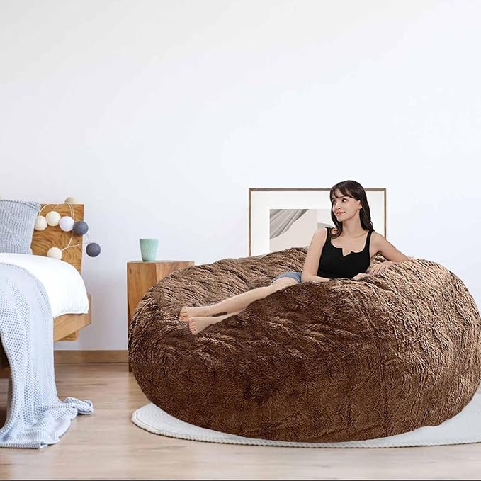 Bean Bag Chair for Adults Kids Without Filling Comfy Oversized Round Lazy Sofa Bean Bag Cover for Stuffed Animal Storage Bedroom Living Room Chairs, 6FT, Khaki