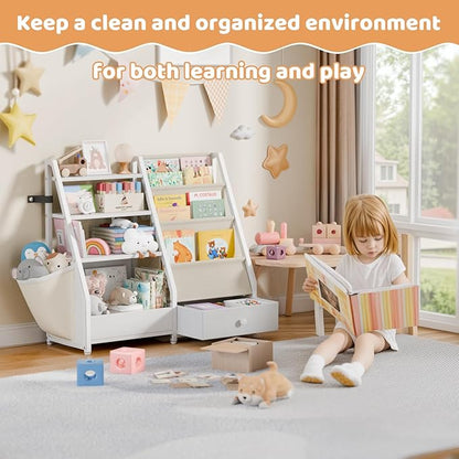 Kids Bookshelf and Toy Storage - Kids Book Shelf for Kids Rooms, Toddler Bookshelf Baby Bookcase for Nursery, Montessori Toy Organizer, White