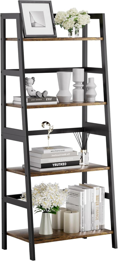 HITNET Ladder Shelf, 4 Tier Bookshelf with Bamboo Frame, Freestanding Bathroom Storage Shelving Unit for Living Room, Home Office, Bedroom, Rustic Brown and Black
