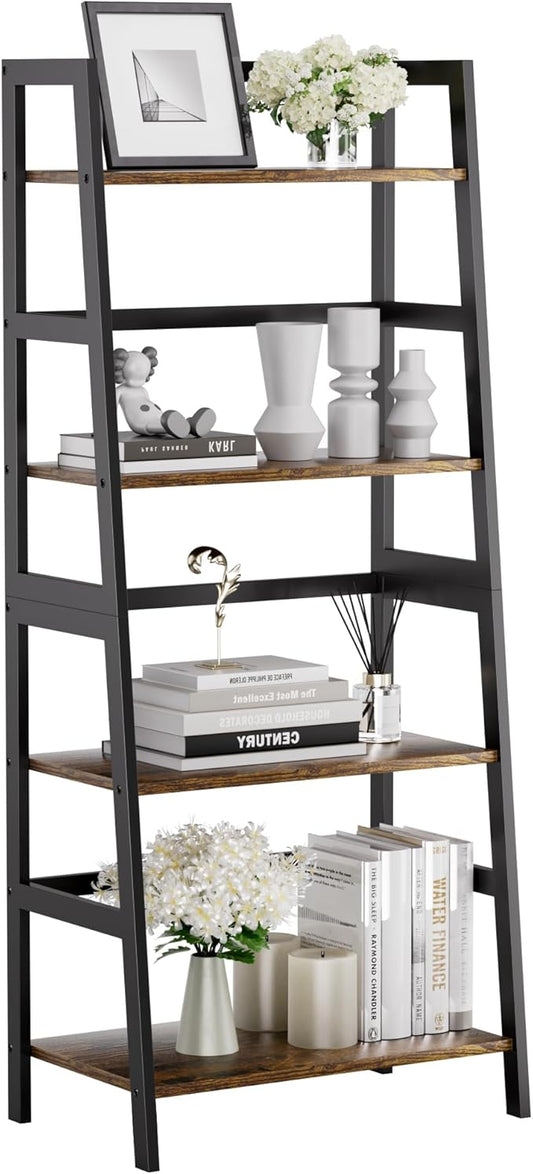 HITNET Ladder Shelf, 4 Tier Bookshelf with Bamboo Frame, Freestanding Bathroom Storage Shelving Unit for Living Room, Home Office, Bedroom, Rustic Brown and Black