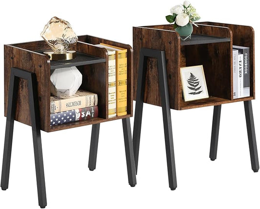 VECELO Nightstand Set of 2,Industrial End Table,Bedside Table with 2-Tier Open Storage Shelves,Wood Side Table with Metal Frame for Bedroom, Living Room,Small Spaces