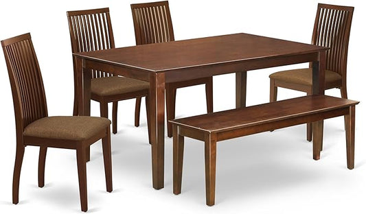 East West Furniture CAIP6-MAH-C 6 Piece Modern Dining Table Set Contains a Rectangle Wooden Table and 4 Linen Fabric Upholstered Chairs with a Bench, 36x60 Inch, Mahogany