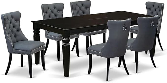 East West Furniture LGDA7-BLK-13 7 Piece Dining Set Includes a Rectangle Kitchen Table with Butterfly Leaf and 6 Polyester Fabric Upholstered Chairs, 42x84 Inch, Black