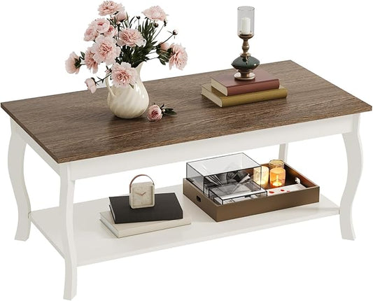 ChooChoo Coffee Table, Rustic Center Table with Curved Legs and Storage Shelf, 39" Coffee Table for Living Room, Soft White
