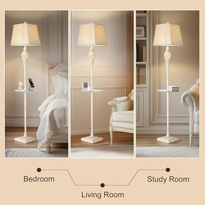 Vintage Floor Lamp with Nightlight and Glass Tray, Farmhouse Standing Lamp with White Washed Finish and Linen Shade, 65" Rustic Tall Lamp Decor for Living Room, Bedroom, Office, House (Bulb Included)