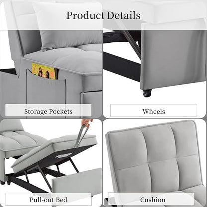 KEIKI Velvet Single Convertible Sleeper Chair Sofa Bed with Adjustable Backrest, Pillows & Storage Pockets, 3 in 1 Pull-Out Couch Chaise Lounge Recliner for Living Room Balcony Bedroom, Grey