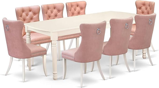 East West Furniture DODA9-LWH-23 9 Piece Kitchen Set Contains a Rectangle Dining Table with Butterfly Leaf and 8 Polyester Fabric Upholstered Chairs, Linen White