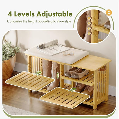 Amazer Bamboo Shoe Rack Bench, 3-Tier Shoe Bench Height Adjustable, Entry Bench with Side Storage Strap, Shoes Organizer Storage Bench, Shoe Shelf with Seat Cushion for Entryway, Living Room, Hallway