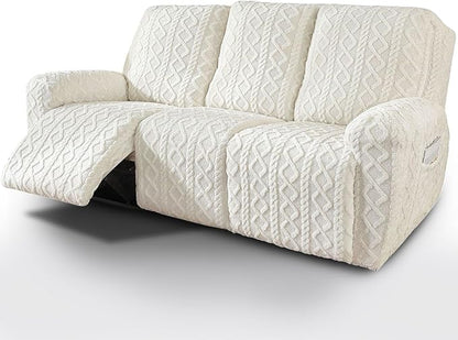 vctops 8 Pieces Geometric Jacquard Plush Recliner Sofa Covers Soft Fuzzy Fluffy 3 Seats Couch Cover Anti-Slip Sofa Slipcover Furniture Protector with Elastic Bottom for Kids Pet(Cream,3 Seat)