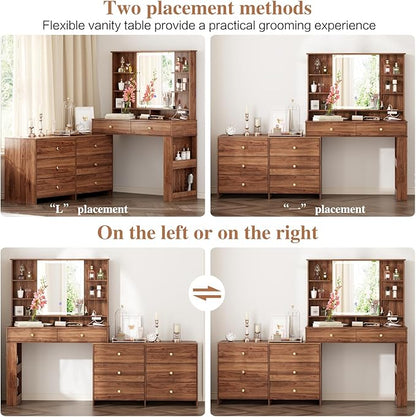 Makeup Vanity Desk with Mirror and Lights, Vanity Desk with 8 Drawers & Storage Shelves, Vanity Table with Power Outlet, 3 Color Modes & Adjustable Brightness Dressing Table, Bedroom,Brown
