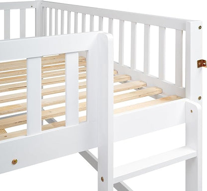 Full Size Low Loft Bed with Ladder and Slide,Vertical Design Wooden Bed Frame, for Kids and Young Teens, No Box Spring Required,Space-Saving,White
