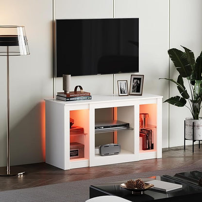 WLIVE TV Stand for 43 Inch TV, Modern Entertainment Center with LED Lights & Adjustable Glass Shelves, Sturdy Media Console for Living Room, Bedroom,Gaming (White)