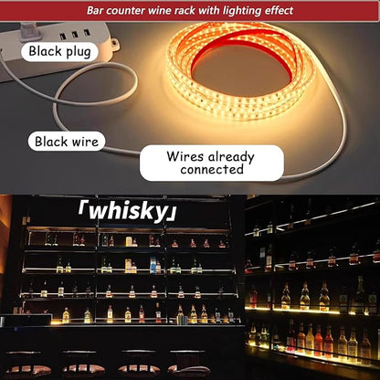 78.7in Wall-Mounted Metal Wine Rack with LED Lights 3-Tier Floating Bar Shelves with Wine Glass Rack Large Wine Bottle Display Rack Hanging Shelf, for Home Bar Decorative (Gold, 200cm/78.7in)