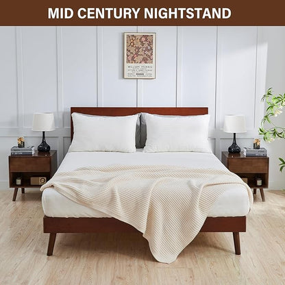CozyDH Nightstand with Drawer and Opening Storage, Solid Wood Modern Bedside Table for Bedroom, 19" Sofa Side Table with Wooden Legs End Tables Living Room, Walnut