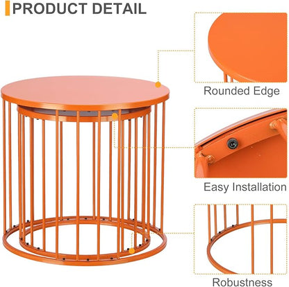 LEWIS&WAYNE Outdoor Side Table Set of 2, Metal Circle Accent End Tables for Balcony Backyard Garden Indoor Living Room, Durable Nesting Coffee Tables, 20”+16” Dia, Orange