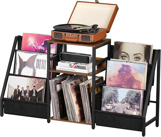 LELELINKY Record Player Stand with Vinyl Storage, 3 Tier Turntable Stand with Display Shelf Storage Up to 180 Albums,Brown End Table Records Cabinet for Media Stereo Speaker, Amplifiers, Magazines