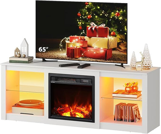 WLIVE 58 Inches Fireplace TV Stand with LED Lights, Modern Entertainment Center with 18'' Electric Fireplace & Adjustable Glass Shelves, Sturdy Media Console for Living Room, Bedroom,Gaming (White)