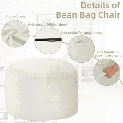 HABUTWAY Bean Bag Chair 3Ft Luxurious Velvet Ultra Soft Fur with High Rebound Memory Foam Bean Bag Chairs for Adults Plush Lazy Sofa with Fluffy Sponge 3' (Beige)