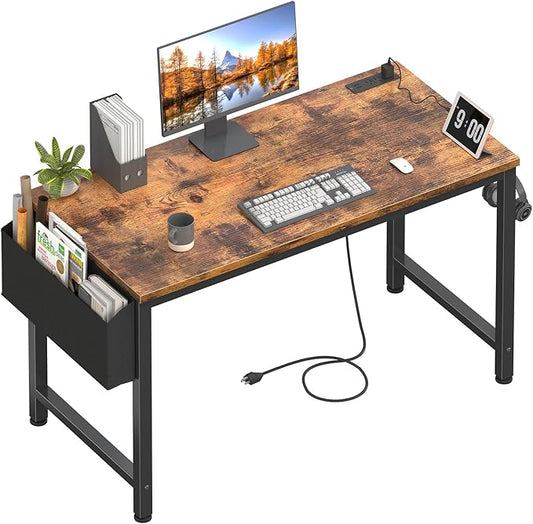 Lufeiya Computer Desk with Power Outlet, 47 inch Teen Study Table Home Office Work Writing Gaming Desks with Charging Station Outlets Built in, Brown