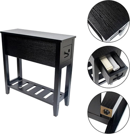 Narrow End Table, Black Side Table with Drawer, Slim Bed Side Table for Small Space/Night Stand Set of 1, Side Table for Couch