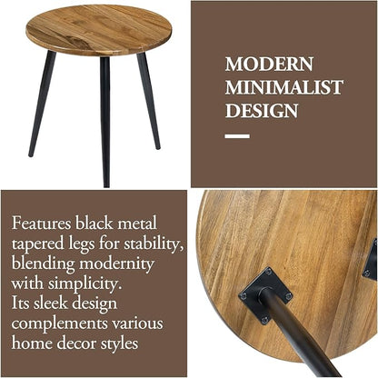 MyGift 20.5 Inch Mid Century Round End Table, Premium Acacia Solid Wood Accent Side Table with Black Metal Tapered Legs