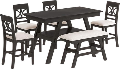 Merax 6 Piece Counter Height Dining Table Set with Storage Shelf, Beige Cushion, Bench and 4 Chairs, Espresso