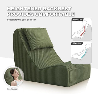 Giant Bean Bag Chair for Adults,Corduroy Chaise Lounge with Unrivaled Back Support, Detachable Neck Pillow, Comfortable Ottoman & Washable Cover for Living Room, Bedroom, Garden (Olive green)
