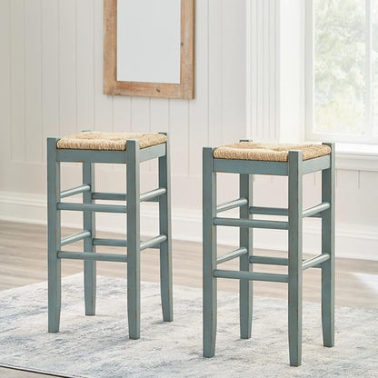 Signature Design by Ashley Mirimyn Farmhouse 29.5" Bar Height Bar Stool with Woven Wicker Seats, 2 Count, Green & Light Brown