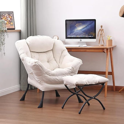 Lazy Chair and Ottoman, Large Accent Lounge Chair with Armrests and a Side Pocket, Modern Leisure Upholstered Sofa Reading Armchair with Footrest for Bedroom, Living Room, Dorm Rooms, Office