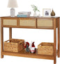 ZYBT Long Console Table, Rattan Entry Table, Console Tables for Entryway, Narrow Wood Console Table with Storage, Rustic Couch Table Hallway Table Brown Boho Sofa Table for Living Room
