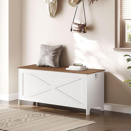 39.4" Toy Chest, Sturdy Entryway Storage Chest with Safety Hinges, Retro Toy Box, Wooden Look Accent Furniture for Living Room, Bedroom, White+Walnut SCBZ48101