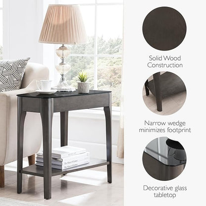 Leick Home Obsidian End Table, Solid Wood, Narrow Wedge Shape, Glass Tabletop, Bottom Display Shelf, Easy Assemlby, Smoke Gray/Black, 24.0 in. L x 17.0 in. W x 24.0 in. H, 11102-GR